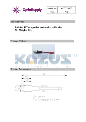 ACC725000 datasheet - BA9S to JST compatible male socket cable wire Net Weight: 2.5g