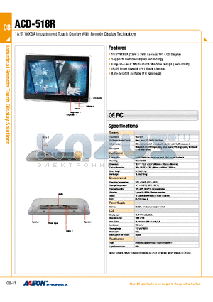 ACD-518RHTT-A2-1010 datasheet - 18.5 WXGA Infotainment Touch Display With Remote Display Technology