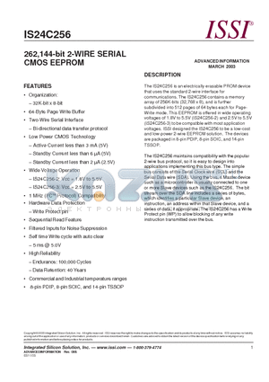 24C256 datasheet - 262,144-bit 2-WIRE SERIAL CMOS EEPROM