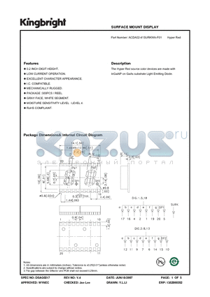 ACDA02-41SURKWA-F01 datasheet - SURFACE MOUNT DISPLAY