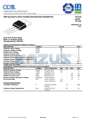 CP1342 datasheet - PNP SILICON PLASTIC POWER DARLINGTON TRANSISTOR