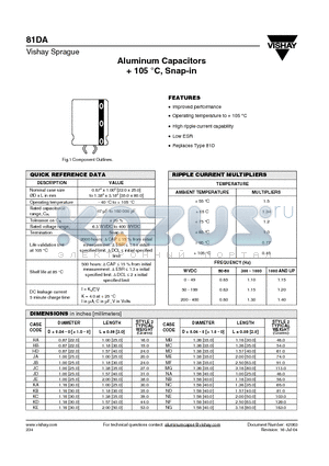 81DA682M050KC2D datasheet - Aluminum Capacitors  105 `C, Snap-in