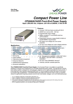 CP2000AC54SD datasheet - Compact Power Line Input: 200-240 Vac; Outputs: a54 Vdc at 2000W; 5 Vdc at 4W