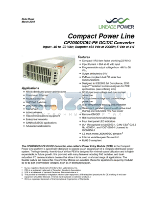 CP2000DC54 datasheet - Compact Power Line Input: -40 to -72 Vdc; Outputs: a54 Vdc at 2000W; 5 Vdc at 4W
