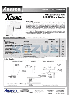 C1720J5003A00 datasheet - Ultra Low Profile 0805 3 dB, 90` Hybrid Coupler