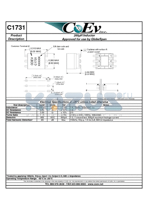 C1731 datasheet - 205 UH Inductor Approved for use by GlobeSpan