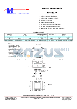 EPA3920 datasheet - Flyback Transformer