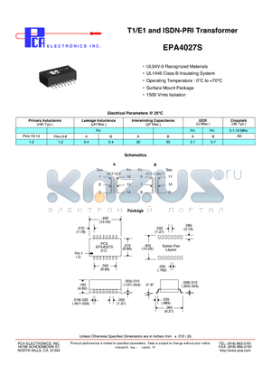 EPA4027S datasheet - T1/E1 and ISDN-PRI Transformer