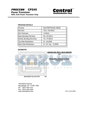 CP245 datasheet - Power Transistor NPN, 8.0A Power Transistor Chip