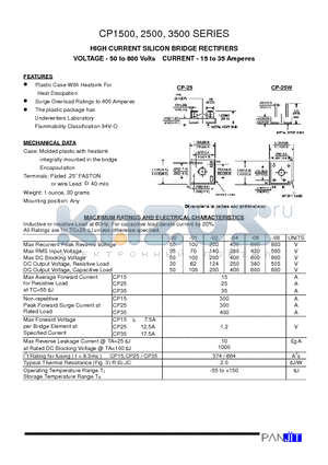 CP2502 datasheet - HIGH CURRENT SILICON BRIDGE RECTIFIERS(VOLTAGE - 50 to 800 Volts CURRENT - 15 to 35 Amperes)