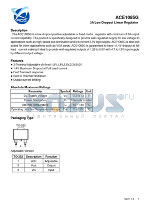 ACE1085G datasheet - 3A Low Dropout Linear Regulator