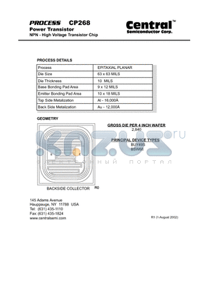 CP268 datasheet - Power Transistor NPN - High Voltage Transistor Chip