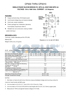 CP301 datasheet - SINGLE-PHASE SILICON BRIDGE-P.C. MTG 2A, HEAT-SINK MTG 3A