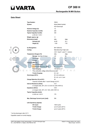 CP300H datasheet - Rechargeable Ni-MH Button