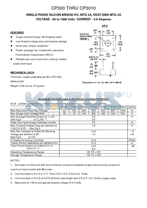 CP302 datasheet - SINGLE-PHASE SILICON BRIDGE-P.C. MTG 2A, HEAT-SINK MTG 3A