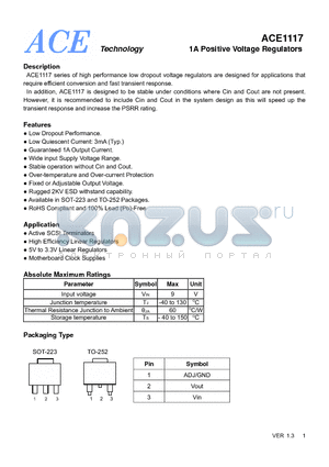 ACE1117 datasheet - 1A Positive Voltage Regulators