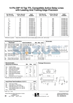 EPA460-50 datasheet - 14 Pin DIP 10 Tap TTL Compatible Active Delay Lines with Leading And Trailing Edge Precision