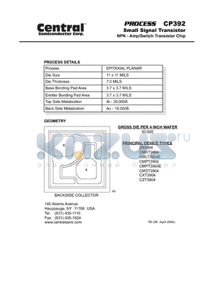 CP392 datasheet - Small Signal Transistor NPN - Amp/Switch Transistor Chip