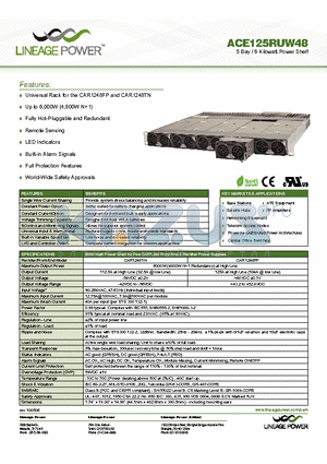 ACE125RUW48 datasheet - 5 Bay / 6 Kilowatt Power Shelf