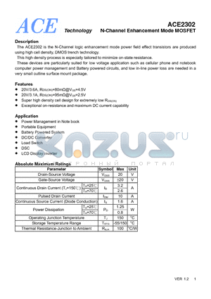 ACE2302 datasheet - N-Channel Enhancement Mode MOSFET