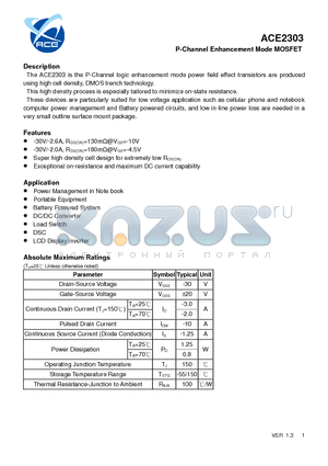 ACE2303 datasheet - P-Channel Enhancement Mode MOSFET