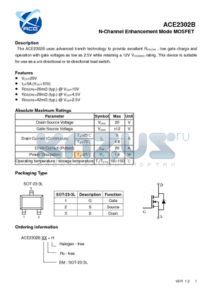 ACE2302B datasheet - N-Channel Enhancement Mode MOSFET