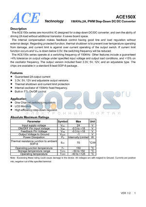 ACE150X datasheet - 150KHz,2A, PWM Step-Down DC/DC Converter