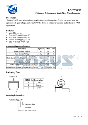 ACE2305B datasheet - P-Channel Enhancement Mode Field Effect Transistor