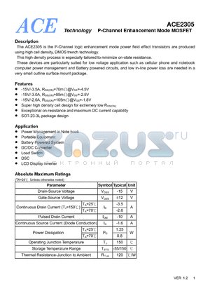 ACE2305BM+ datasheet - P-Channel Enhancement Mode MOSFET