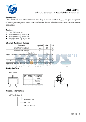 ACE2341B datasheet - P-Channel Enhancement Mode Field Effect Transistor