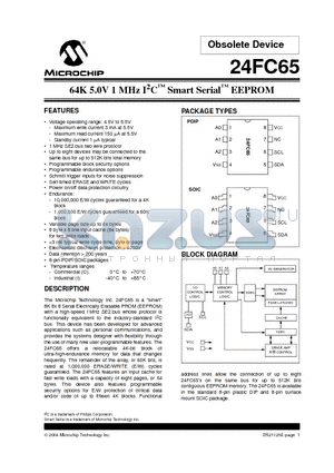 24FC65-I/P datasheet - 64K 5.0V 1 MHz I2C Smart Serial EEPROM