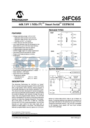 24FC65-IP datasheet - 64K 5.0V 1 MHz I 2 C  Smart Serial  EEPROM