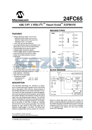 24FC65 datasheet - 64K 5.0V 1 MHz I 2 C  Smart Serial  EEPROM