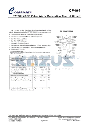 CP494 datasheet - SWITCHMODE Pulse Width Modulation Control Circuit