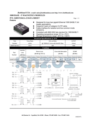 24HST1041A-2 datasheet - 1000 BASE -T MAGNETICS MODULES