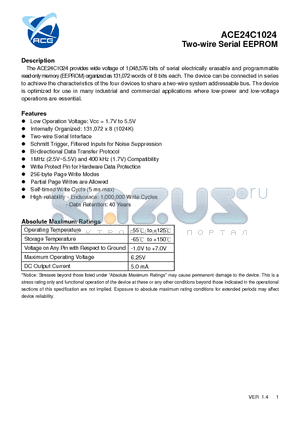 ACE24C1024 datasheet - Two-wire Serial EEPROM