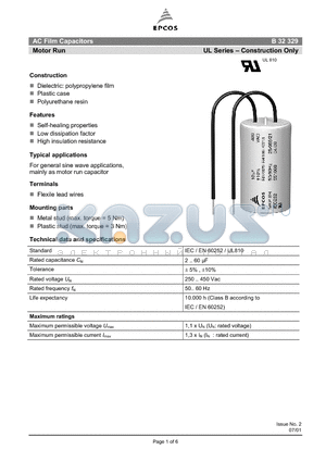 B32329-B4305 datasheet - AC Film Capacitors Motor Run UL Series - Construction Only