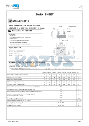 CP5000 datasheet - HIGH CURRENT SILICON BRIDGE RECTIFIER(VOLTAGE 50 to 1000 Volts CURRENT - 50 Ampere)