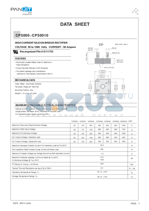 CP5001 datasheet - HIGH CURRENT SILICON BRIDGE RECTIFIER(VOLTAGE 50 to 1000 Volts CURRENT - 50 Ampere)