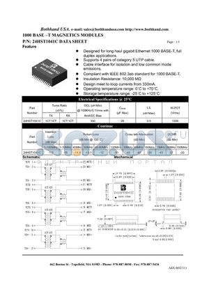 24HST1041C datasheet - 1000 BASE -T MAGNETICS MODULES