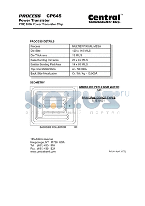 CP645 datasheet - Power Transistor PNP, 8.0A Power Transistor Chip