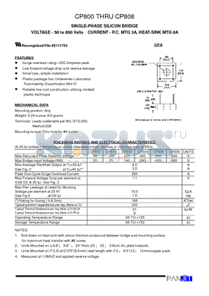 CP800 datasheet - SINGLE-PHASE SILICON BRIDGE(VOLTAGE - 50 to 800 Volts CURRENT - P.C. MTG 3A, HEAT-SINK MTG 8A)