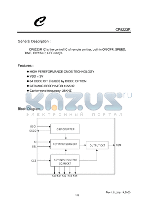 CP8223R datasheet - CP8223R IC is the control IC of remote emitter, built-in ON/OFF, SPEED, TIME, RHY/SLP, OSC 5keys