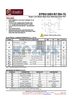 EPB018B5 datasheet - Super Low Noise High Gain Heterojunction FET