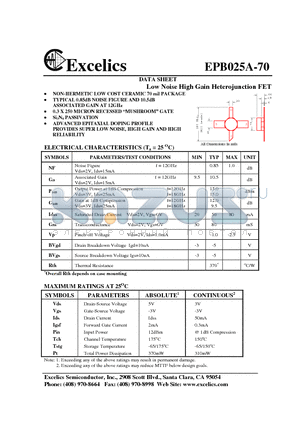 EPB025A-70 datasheet - Low Noise High Gain Heterojunction FET