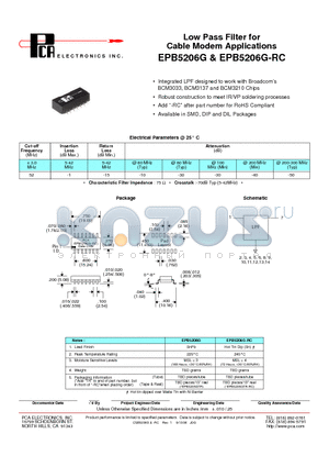 EPB5026G-RC datasheet - Low Pass Filter for Cable Modem Applications