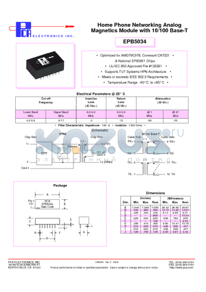 EPB5034 datasheet - Home Phone Networking Analog Magnetics Module with 10/100 Base-T