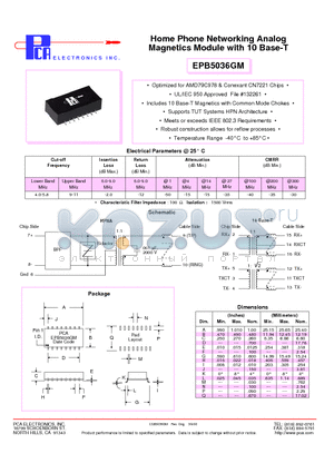EPB5036GM datasheet - Home Phone Networking Analog Magnetics Module with 10 Base-T