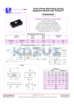 EPB5036WG datasheet - Home Phone Networking Analog Magnetics Module with 10 Base-T