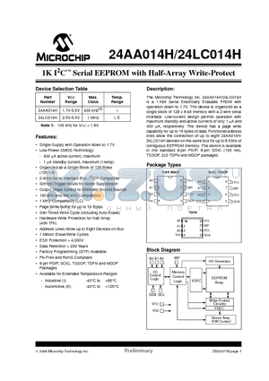 24LC014H datasheet - 1K I2C Serial EEPROM with Half-Array Write-Protect